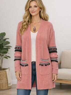 ANDTHEWHY Cozy Chenille Open Cardigan – Salmon & Black, Pockets, S/M